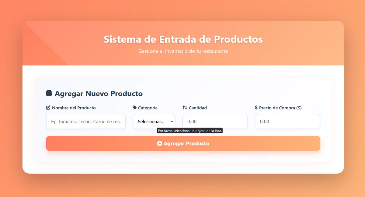 Entrada de productos al inventario en DerejFood