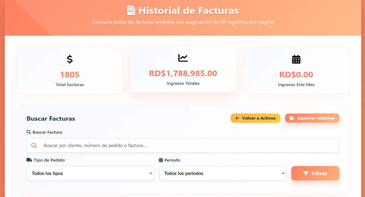 Historial de facturas emitidas en DerejFood
